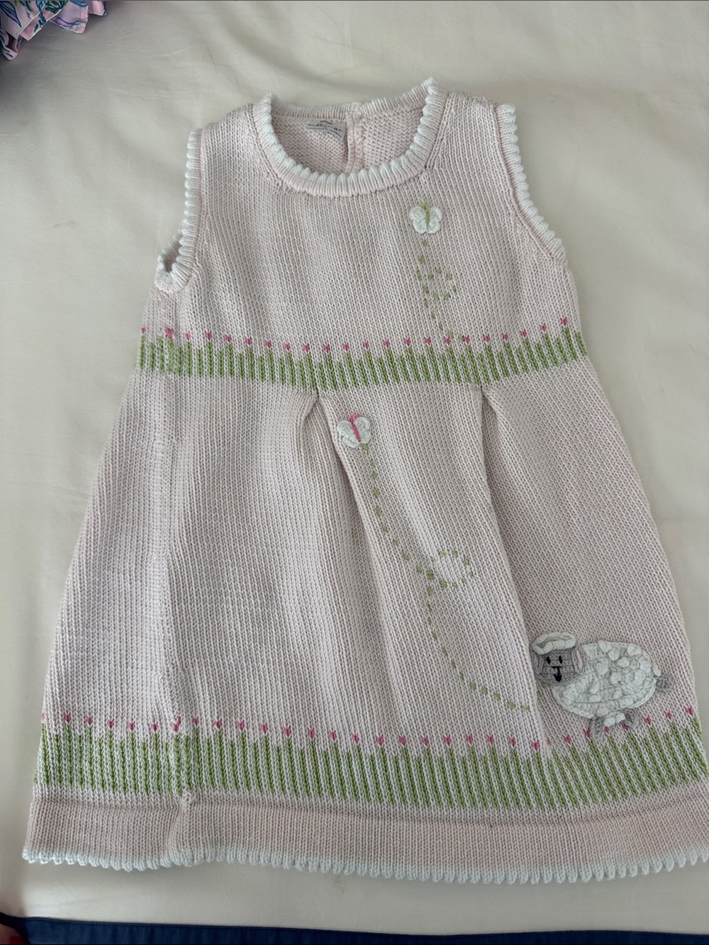 Melange Pink Knit Sleeveless Baby Dress with Green Trim and Sheep Applique